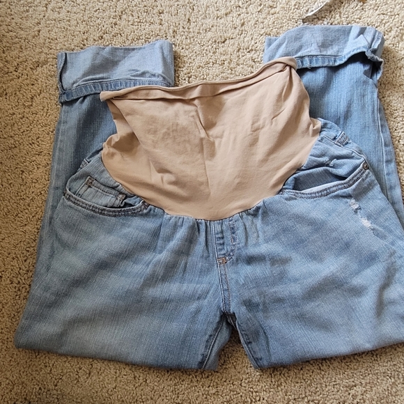 Indigo Blue Denim - Maternity Capri Light Wash Distressed Jeans Size L